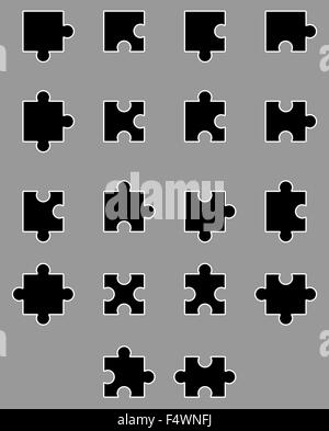 Diverse set of black silhouette puzzles. Piece jigsaw game, part cutout, connect team label. Vector art design abstract unusual Stock Photo