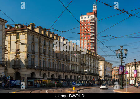 Piazza Castello with Torre Littoria building, Turin, Piedmont, Italy Stock Photo