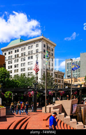 People in Pioneer Courthouse Square, affectionately known as Portland's living room in downtown Portland, Oregon Stock Photo