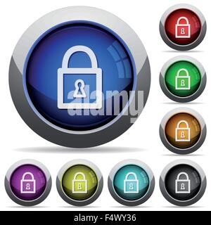 Set of round glossy lock buttons. Arranged layer structure. Stock Vector