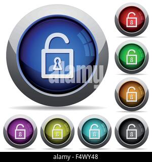 Set of round glossy unlock buttons. Arranged layer structure. Stock Vector