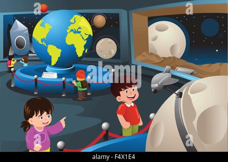 A vector illustration of happy kids on field trip to a planetarium Stock Vector