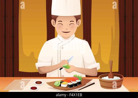 A vector illustration of sushi chef working in a restaurant Stock Vector