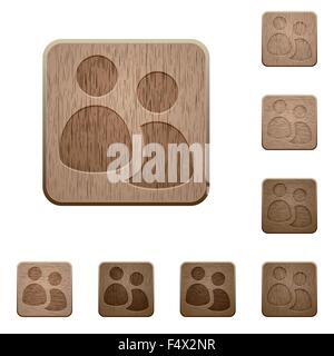 Set of carved wooden user group buttons. 8 variations included. Arranged layer structure. Stock Vector