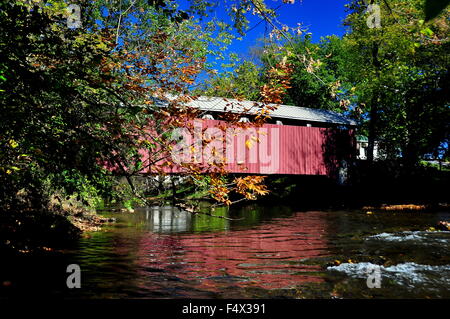 Warwick, Pennsylvania:  Zook's Mill Covered Bridge built in 1849 by Henry Zook spans the Cocalico River  * Stock Photo