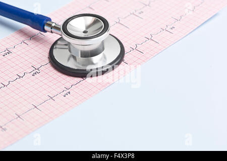 Stethoscope and electrocardiograph with copyspace on light blue.
