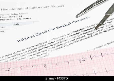 Informed consent for surgical procedure form with hematology report and electrocardiograph. Stock Photo