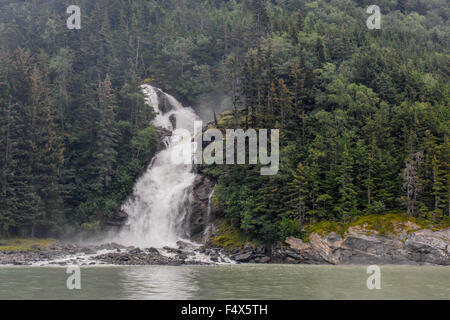 A scenic mountainside waterfall crashes through a forest of pine trees near Skagway Alaska | Lynn Canal fjord cruise - inside passage Stock Photo