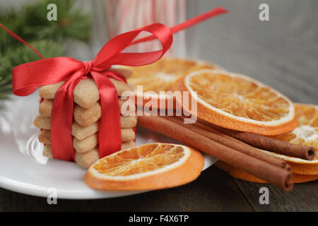 christmas cookies tied with red ribbon Stock Photo