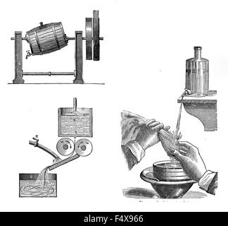 Vintage engraving describing bakery procedures for margarine production and starch from dough separation Stock Photo