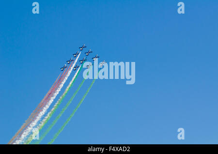 SAN JAVIER, SPAIN, OCTOBER18, 2015: Italian squad Frecce Tricolori taking part in the celebration of  Spanish Patrulla Aguila sq Stock Photo