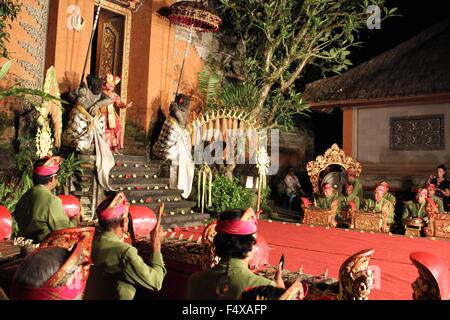 BALI, INDONESIA - JULY 6 2012: The beginning of a traditional Balinese show in Ubud Palace, Indonesia Stock Photo