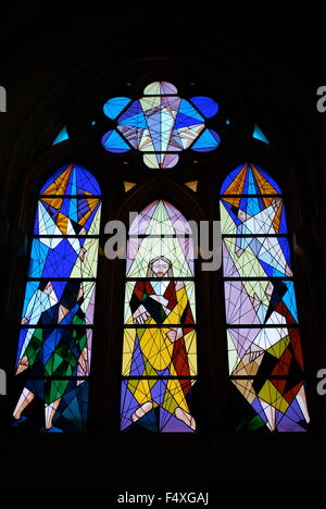 Stained-glass window Santa Maria la Real de La Almudena in Madrid, Spain. Stock Photo