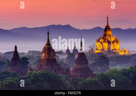 Bagan, Myanmar ancient temples at dusk.