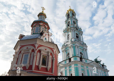 Sergiev Posad, Russia - March 28, 2015. Belfry in  territory of St. Sergius of Radonezh at The Holy Trinity-St. Sergius Lavra - the largest Orthodox Monastery in Russia. Stock Photo