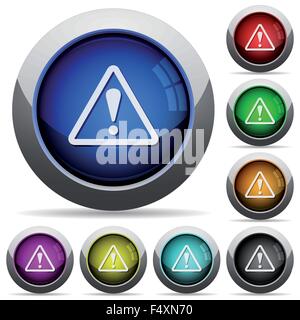 Set of round glossy warning buttons. Arranged layer structure. Stock Vector