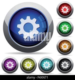 Set of round glossy settings buttons. Arranged layer structure. Stock Vector