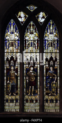 Stained glass window by Burlison and Grylls depicting, St Longinus, Cornelius the Centurion and the prophet Joshua, All Saint's Church, Wroxton Stock Photo