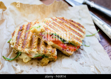 Rustic vegetarian panini with cheese, tomatoes and basil Stock Photo