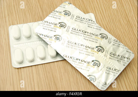 Glucophage Metformin hydrochloride prolonged released tablets - treating diabetes by regulating the level of sugar in the blood Stock Photo