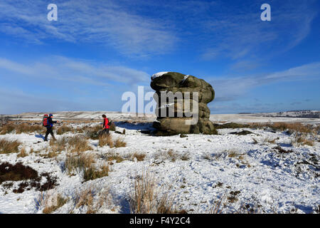 January, winter snow, the Eagle Stone on Baslow Edge; Derbyshire County; Peak District National Park; England; UK Stock Photo