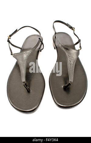 Black leather women's sandal shoe isolated on white Stock Photo