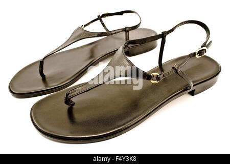 Black leather women's sandal shoe isolated on white Stock Photo