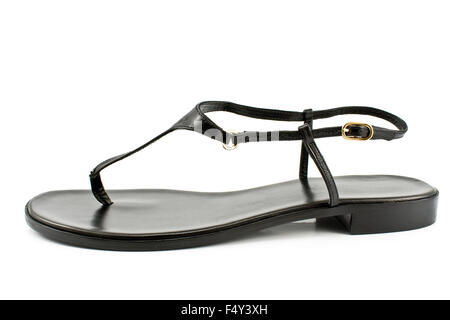 Black leather women's sandal shoe isolated on white Stock Photo