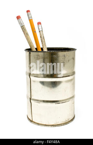 Wooden pencils in a tin holder isolated on white Stock Photo