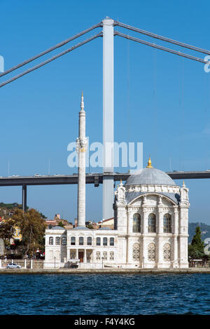 The Ortakoy Mosque and the first Bosphorus bridge in Istanbul, Turkey Stock Photo