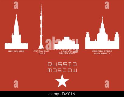 Russia Moscow city shape silhouette icon set -Red Square, Ostankino Tower, Lenin's Mausoleum, State University Stock Vector