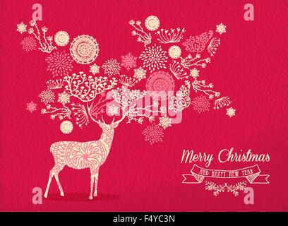 Merry christmas happy new year deer design on red texture background with nature elements and label. Ideal for holiday greetings Stock Vector