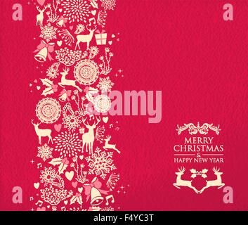 Merry christmas happy new year seamless pattern design on red texture background with deer and holiday elements. Stock Vector