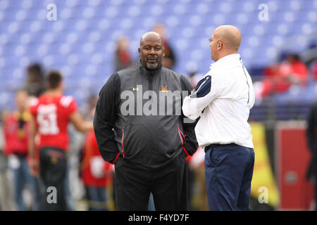 Baltimore MD, USA. 24th Oct, 2015. Maryland Terrapins interim head coach Mike Locksley talks to Penn State Nittany Lions head coach James Franklin during pre-game of the NCAA Football game between the Maryland Terrapins and the Penn State Nittany Lions at M&T Bank Stadium in Baltimore MD. Kenya Allen/CSM/Alamy Live News Stock Photo