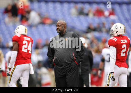 Baltimore MD, USA. 24th Oct, 2015. Maryland Terrapins interim head coach Mike Locksley looks on during warmups of the NCAA Football game between the Maryland Terrapins and the Penn State Nittany Lions at M&T Bank Stadium in Baltimore MD. Kenya Allen/CSM/Alamy Live News Stock Photo