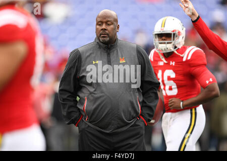 Baltimore MD, USA. 24th Oct, 2015. Maryland Terrapins interim head coach Mike Locksley looks on during pre-game of the NCAA Football game between the Maryland Terrapins and the Penn State Nittany Lions at M&T Bank Stadium in Baltimore MD. Kenya Allen/CSM/Alamy Live News Stock Photo