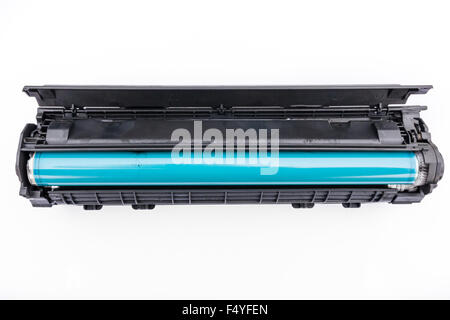 Used cartridge for laser printer isolated on white background . Stock Photo