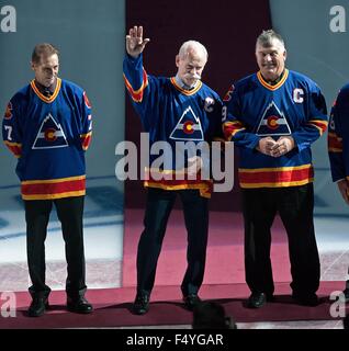 Denver, Colorado, USA. 24th Oct, 2015. Former Colorado Rockies Alumni and  fan favorite LANNY MCDONALD, center, waves to the Avs fans before the start  of the 1st. period at the Pepsi Center