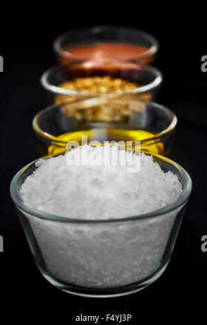 Italian seasoning, balsamic vinegar, olive oli, coarse sea salt Stock Photo