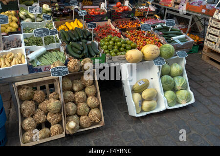 Outside vegetable stall at Torvehallerne, the covered food market in Copenhagen. Stock Photo