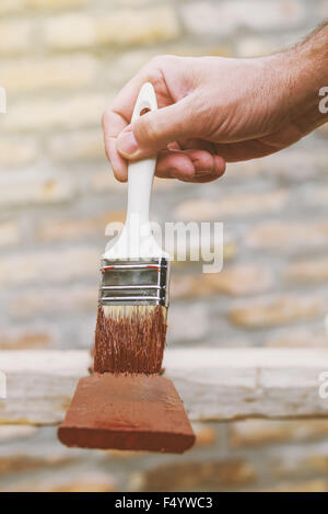 Man painting a wooden picket fence with purple wood stain and brush in a  garden. With selective colour Stock Photo - Alamy