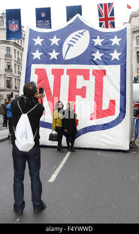 London, UK. 24th Oct, 2015. NFL on Regent Street - the length of London's major Shopping street is closed to traffic from 11am till 6pm as fan event takes over. Celebrating the following day's NFL game between Jacksonvile Jaguars and Buffalo Bills at Wembley Stadium. Players from both teams appear on stage as well as 'NFL Legends' and personalities, , London on  October 24th 2015  Photo by Keith Mayhew Credit:  KEITH MAYHEW/Alamy Live News Stock Photo