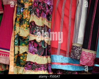Close up tight photo of sari fabrics in Jackson Heights, Queens, New York City Stock Photo