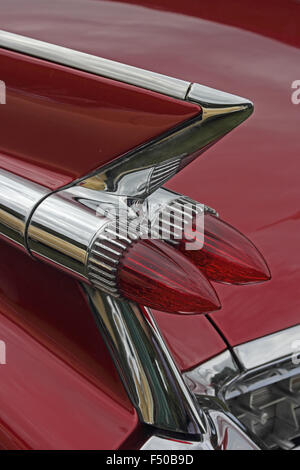 Tail lights and fins of 1959 red Cadillac Eldorado antique classic car ...