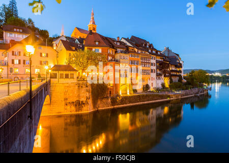 The old Rhine River Bridge connects the German and the Swiss part of the city, Laufenburg, Baden-Württemberg, Germany Stock Photo