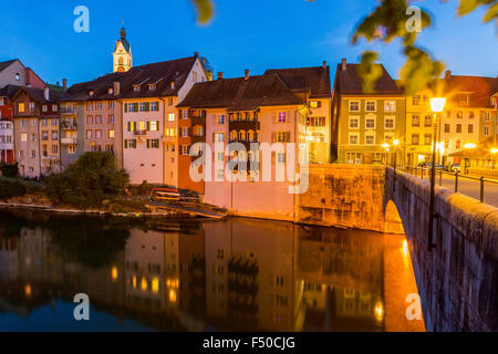 The old Rhine River Bridge connects the German and the Swiss part of the city, Laufenburg, Canton Aargau, Switzerland. Stock Photo