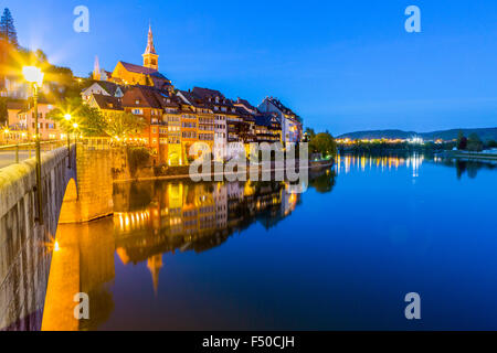 The old Rhine River Bridge connects the German and the Swiss part of the city, Laufenburg, Baden-Württemberg, Germany Stock Photo