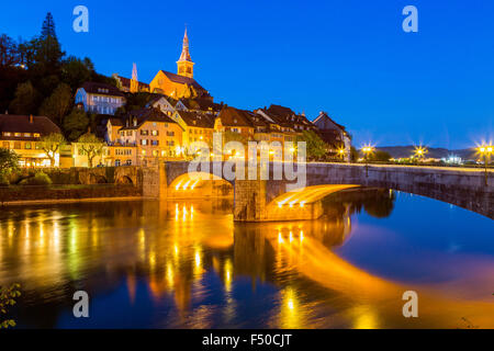 The old Rhine River Bridge connects the German and the Swiss part of the city, Laufenburg, Baden-Württemberg, Germany Stock Photo