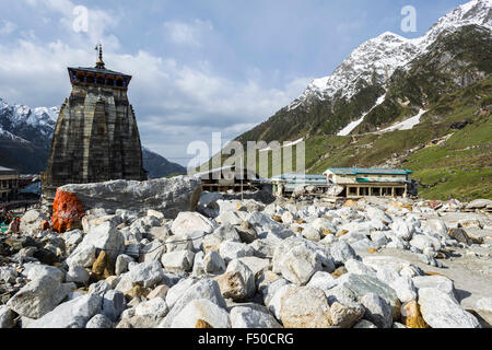 The small town around Kedarnath Temple got totally destroyed by the 2013 flood, only ruins are left Stock Photo