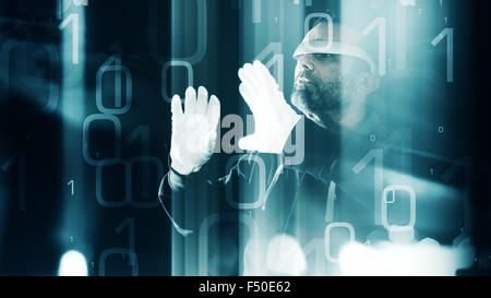 Virtual reality glasses concept idea, futuristic hacker attack binary background Stock Photo